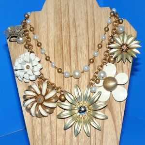 Vintage Flower Necklace Art Hand Crafted Upcycled Brooches Enamel Gold Tone Bead